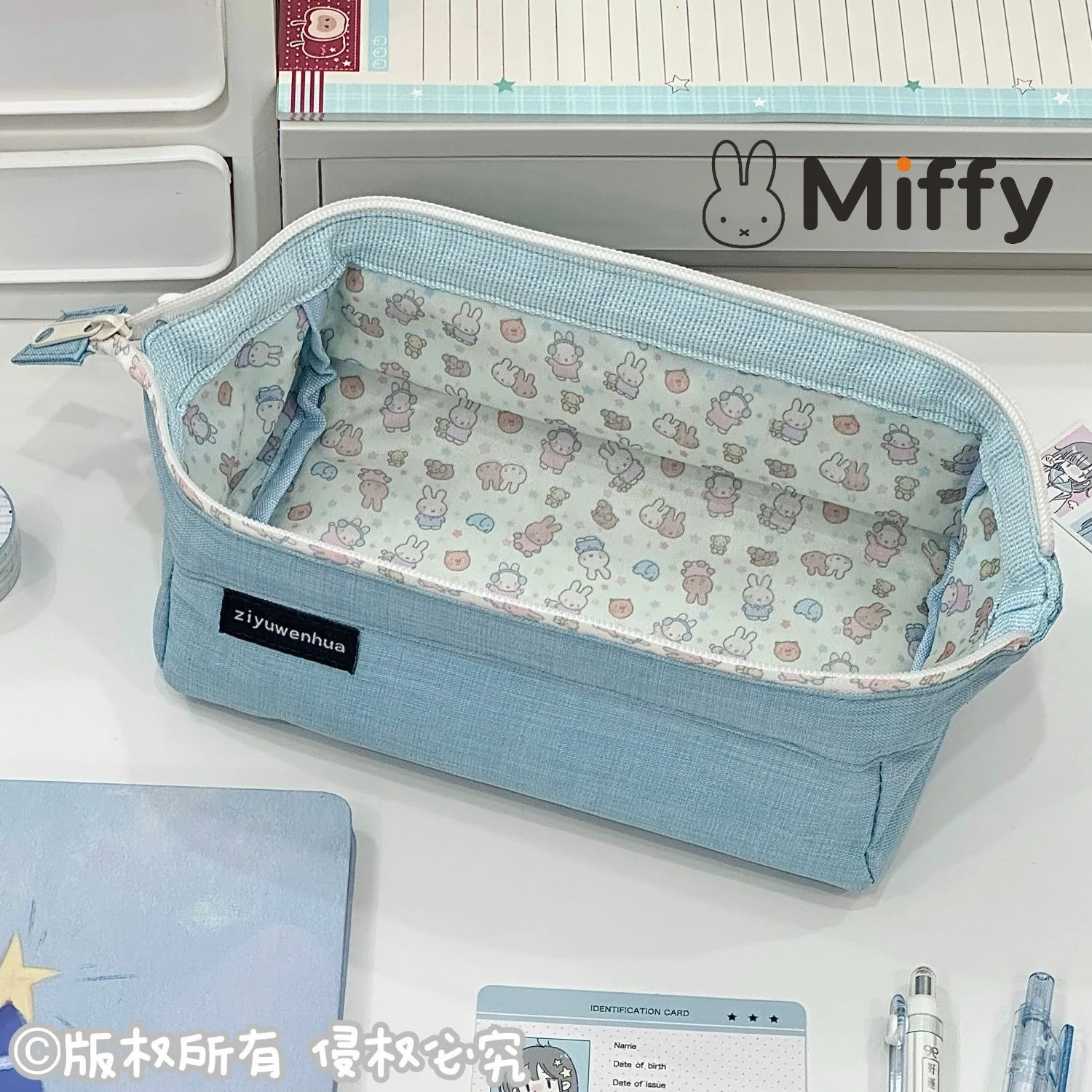 Kawaii Miffy Large Capacity Blue Tray Pencil Case Cartoon Rabbit Stationery Pouch Pen Organizer Student School Writing Supplies