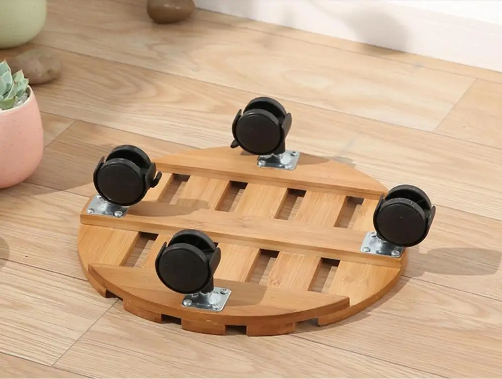 Bamboo Indoor Flower Plant Stand with Varnish Finish Wooden Wheels Movable Pot Holder Trolley Candy Plate Stand for Garden Tools