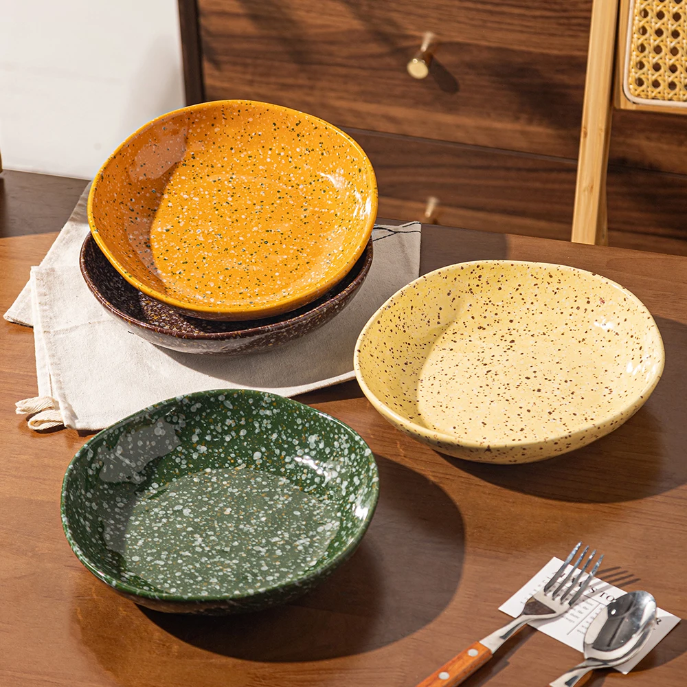 Ins Splash-Ink Ceramic Plates Irregular Round Shaped Under Glazed Dish Home Kitchen Breakfast Dessert Plate Dining Tableware