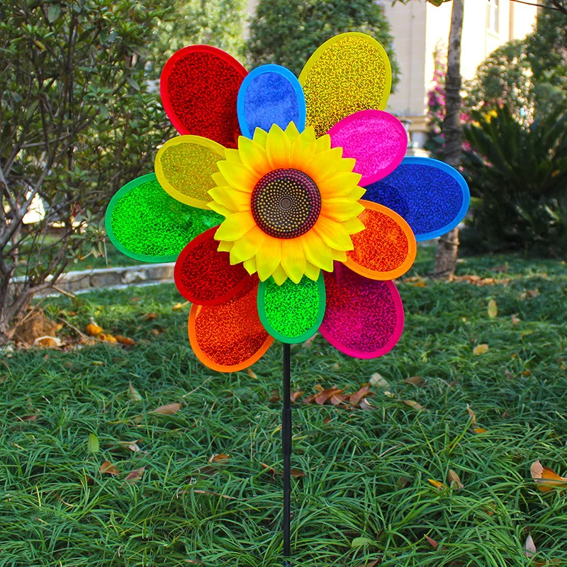 Double-layer Sunflower-shape Windmill Layout Pinwheels Colorful Sequin Windmill For Home Yard Garden Park Outdoor Decoration