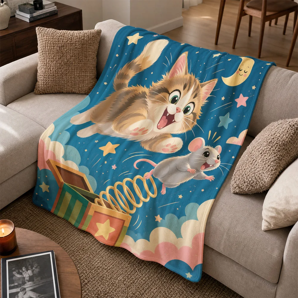 Adorable Cartoon Cat and Mouse Family Throw Blanket Plush Sofa Decor Cozy Starry Night Fleece Blanket for Kids Nursery Room