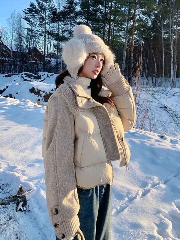

Lamb Fur Patchwork ort Bread Sle Women's down Jaet Winter Faionable Design Warm Outerwear Casual Straight Cut Eco-Fri...