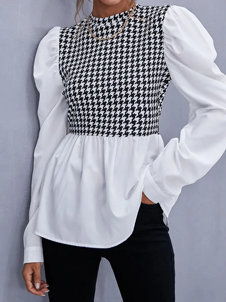 Women Elegant Houndstooth Shirt Fashion Ruffle Stitching Fluffy Long Sleeve Top Casual Chic Ladies Blouse Office Casual Shirts