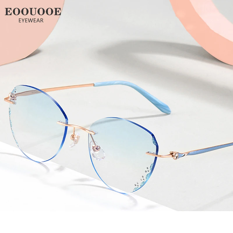 EOOUOOE Luxurian Shine Women Eyeglass Pure Titanium Glasses Frame Optics Myopia Hyperopia  Gradient Colored Lens Rimless Diamond