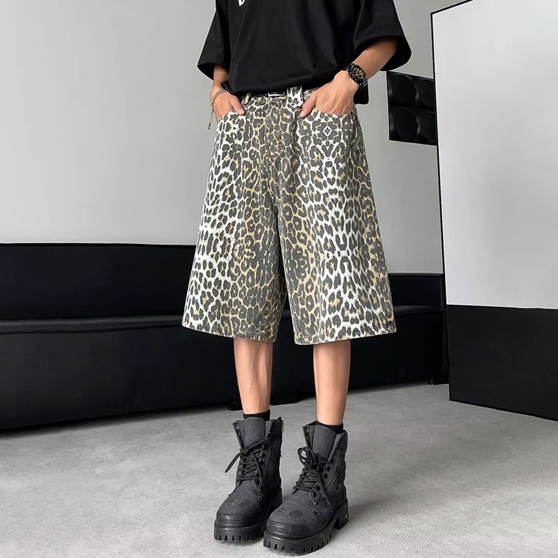 [OIMG] Leopard Print Design Personality Trendy Seven-point Pants 2024 Korean Original New Men Fashion Street Shorts