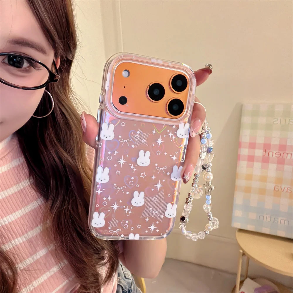 귀여운 별 리본 사랑 토끼 휴대폰 케이스 아이폰 13 14 15 16 17 프로 맥스용 힌지 포함 한국 INS 만화 충격 방지 케이스