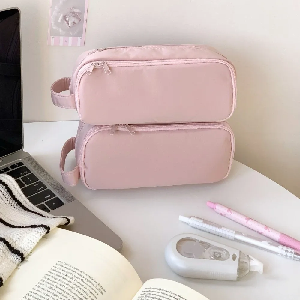 

Pink Cloth Korean Pink Stationery Bag Large Capacity Cosmetics Card Pen Multilayer Pencil Case Aesthetic Desktop Storage