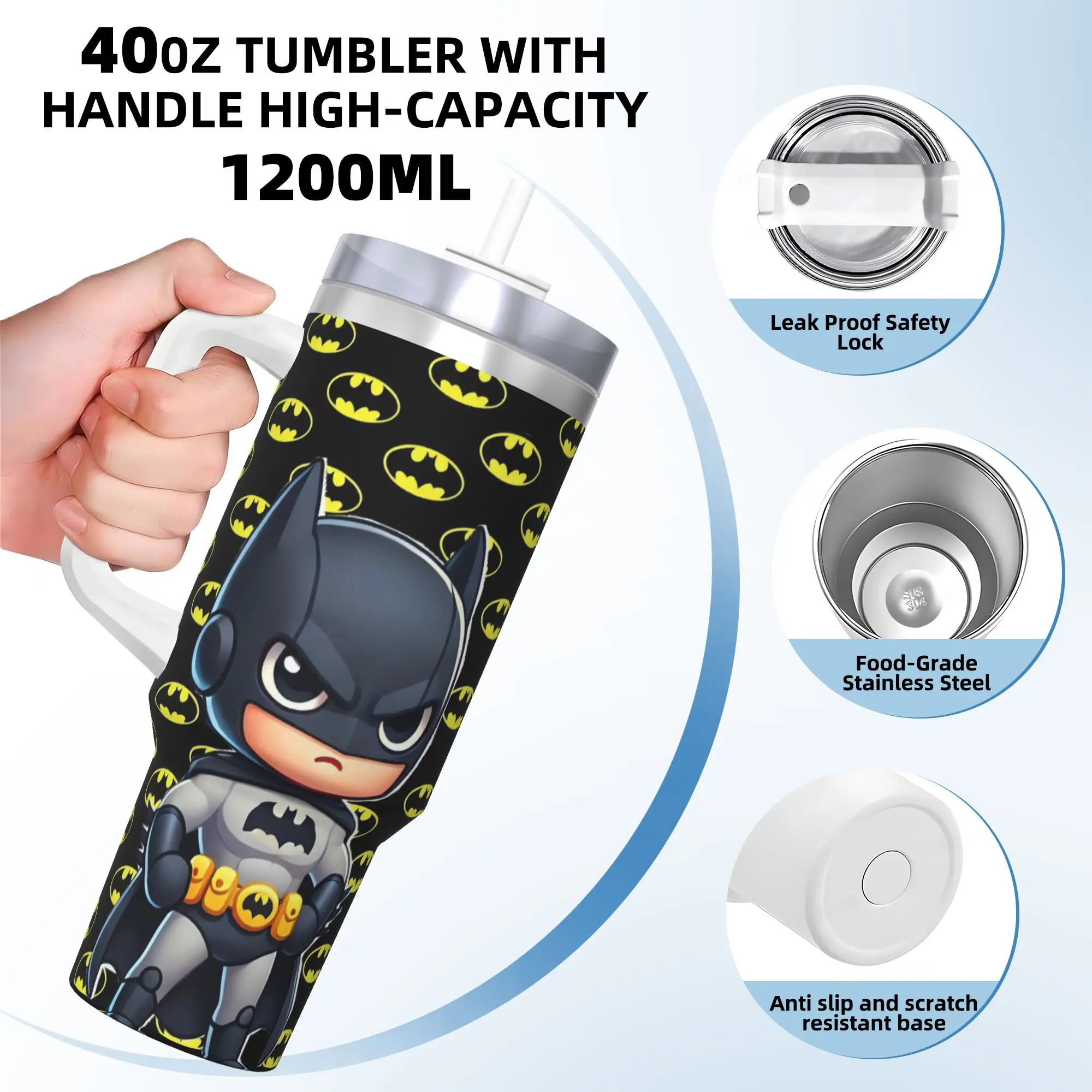 Stainless Steel Tumbler B-Batmans Cartoon Car Mugs With Straws 3D Print Beach Hot Drinks Water Bottle Keep Heat Large Coffee Mug view 3