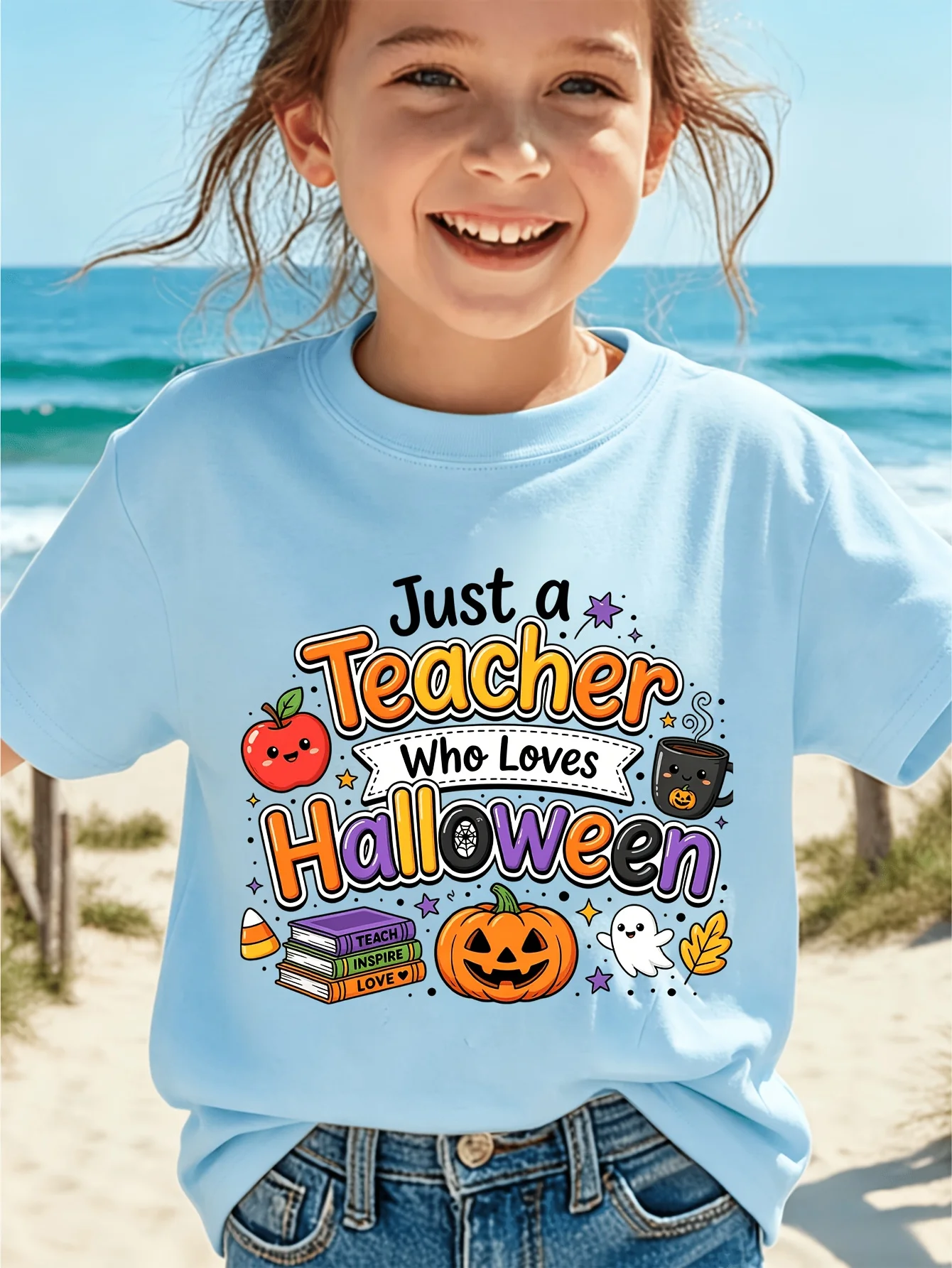 Just A Teacher Who Loves Halloween Kids T Shirt Pumpkin Print Short Sleeve Tees Boys Girls Soft Cotton Casual Tops Wear Gift