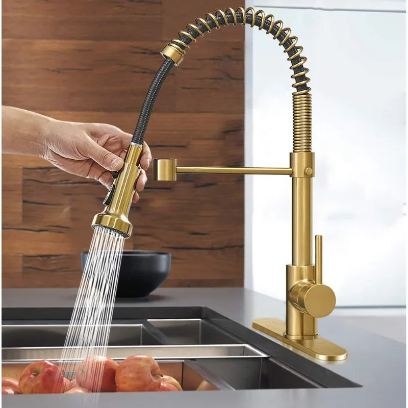 Brushed Gold High Arc Spring Kitchen Faucet with Pull Down Sprayer,Single Lever Kitchen Sink Faucet,Single Handle Faucet