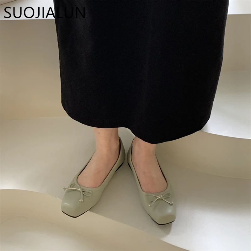 SUOJIALUN 2023 New Women Flat Shoes Fashion Square Toe Shallow Slip On Ladies Casual Ballet Shoes Soft Leather Outdoor Loafers S