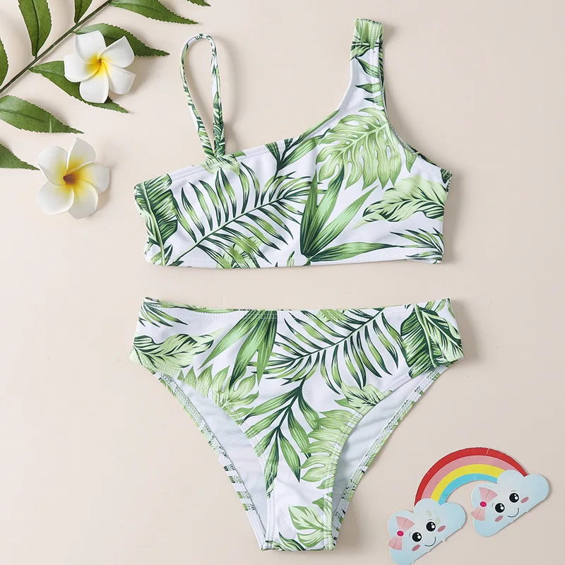 Girls Bikini Two Pieces Swimsuit Kids Green Print Children's Swimwear 8-12 Years Teenager Bathing Suit Girl Cute Beachwear 2024