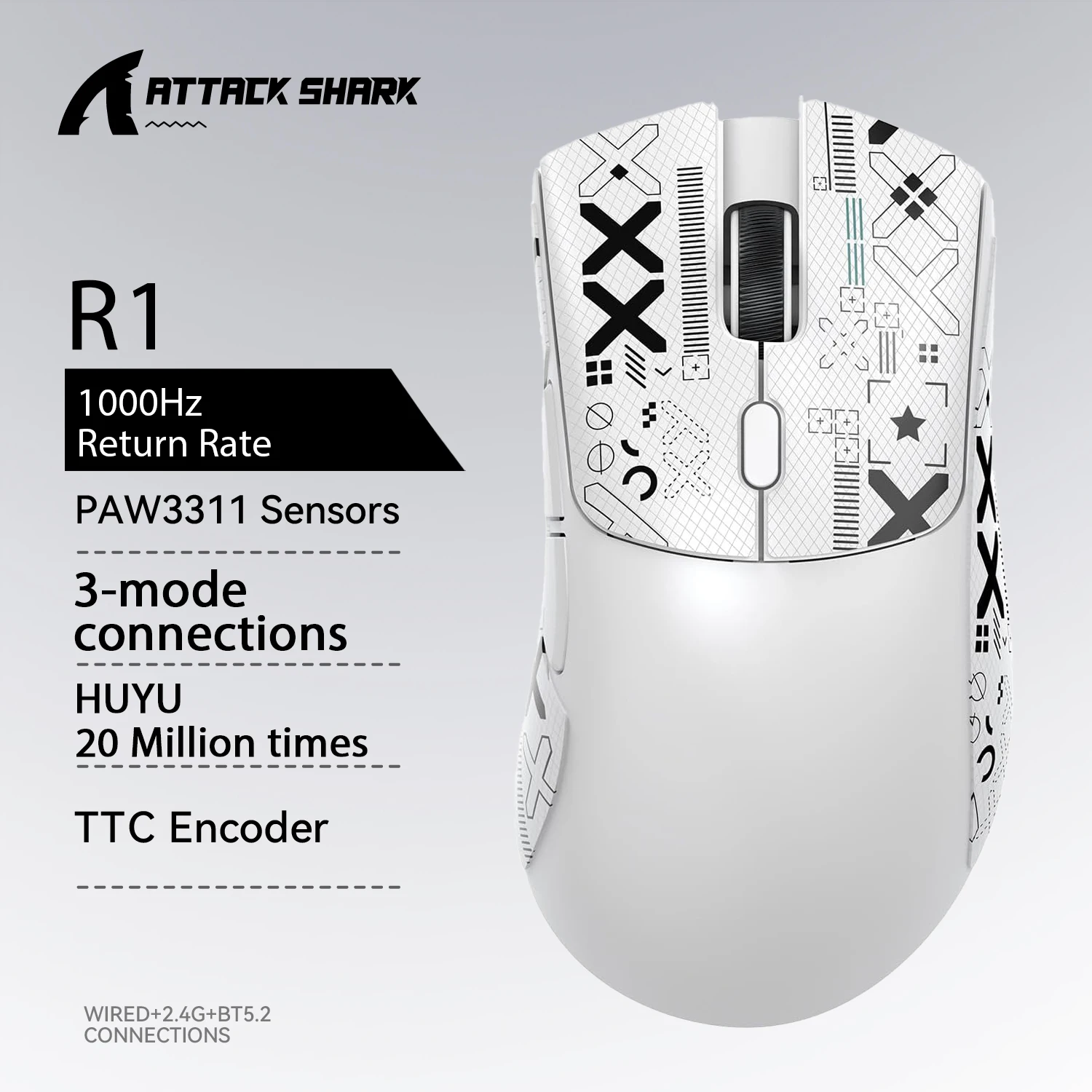 

Беспроводная игровая мышь Attack Shark R1, 18K DPI PAW3311, трехрежимная Bluetooth, 2,4 ГГц, USB, легкая игровая мышь для макросов для ПК/ноутбука