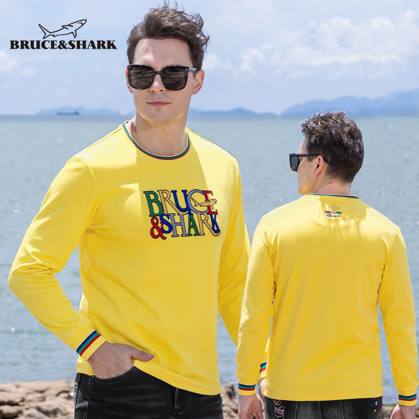 

Новые осенние мужские футболки с длинным рукавом и круглым вырезом Брюс и Шарк, модные мужские желтые футболки с вышивкой, хлопковое базовое пальто, большой размер 4XL