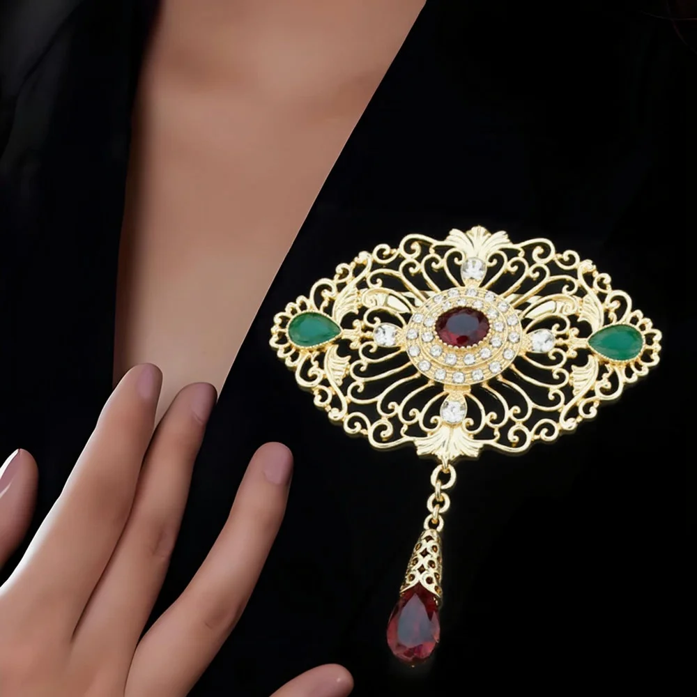 Hohl Arabesque Marokko Frauen Brosche Kristall Braut Schmuck Arabisch Kaftan Hijab Brosche Pin Tröpfchen Anhänger Gold Farbe