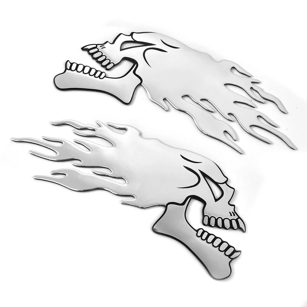 2 PCS Motorcycle 3D Sticker Car Sliver Flaming Skull 3D Gel Sticker Decal L/R Pair Waterproof Car Sticker Motorcycle Decoration