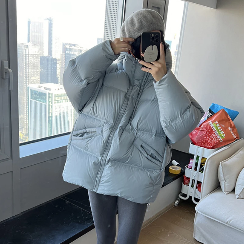 Women\'s Casual Double Zipper Down Jacket, Thick Loose Warm Hooded Coats, Short Puffer Coats, Thick Bread Clothes, New, Winter