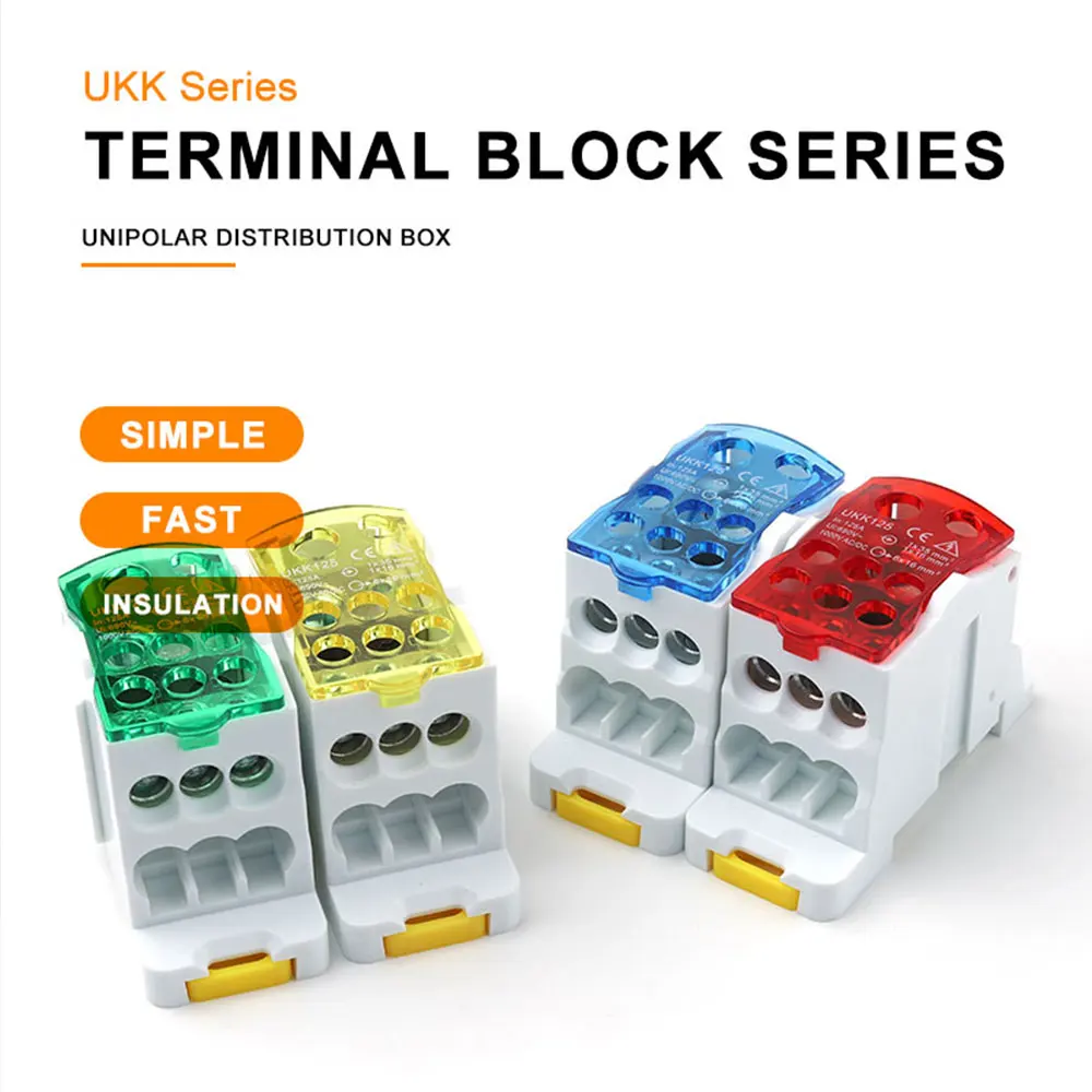 UKK 125A Din Rail Distribution Box Wire Connector Two In Six Out Unipolar Junction Box Fast Push-in Electrical Terminal Block