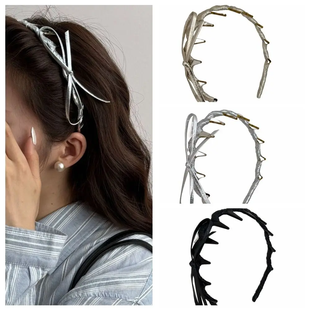 

Sweet Non-Slip Bow Headband Thin Plastic Wave Hair Band Korean Style Women Hair Hoop PU Leather Hairband Face Wash