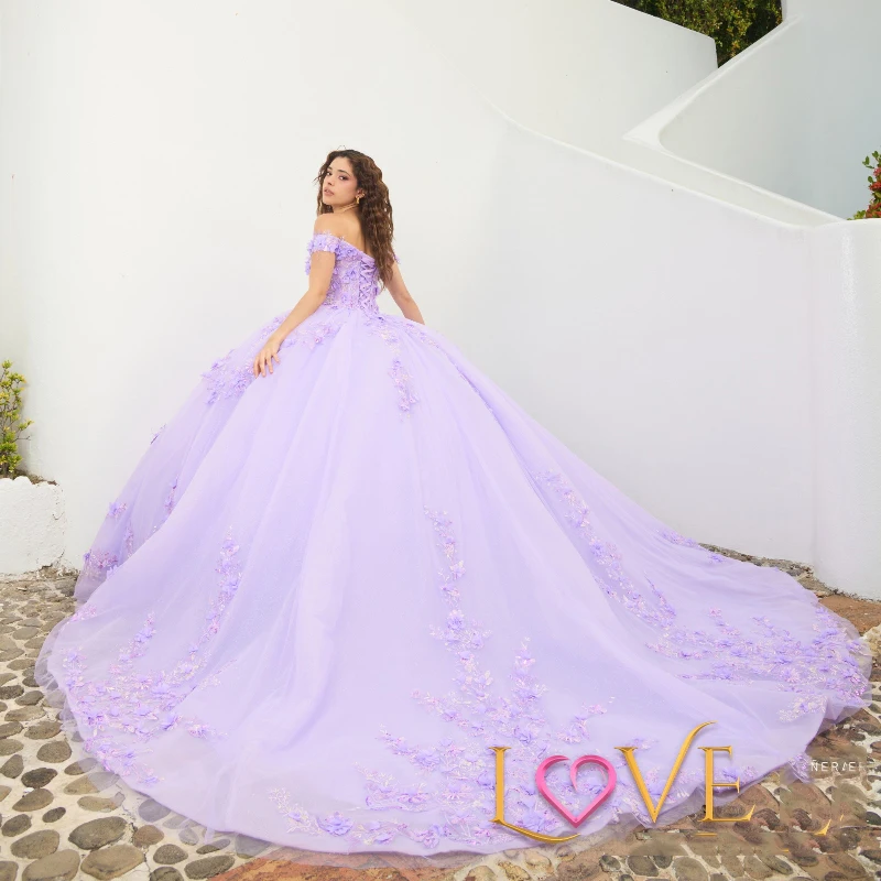 Lavender Shiny Quinceanera Dress Off Shoulder Corset Ball Gown Applique Lace Beads Tull Sweet 16 Vestidos De 15 Años