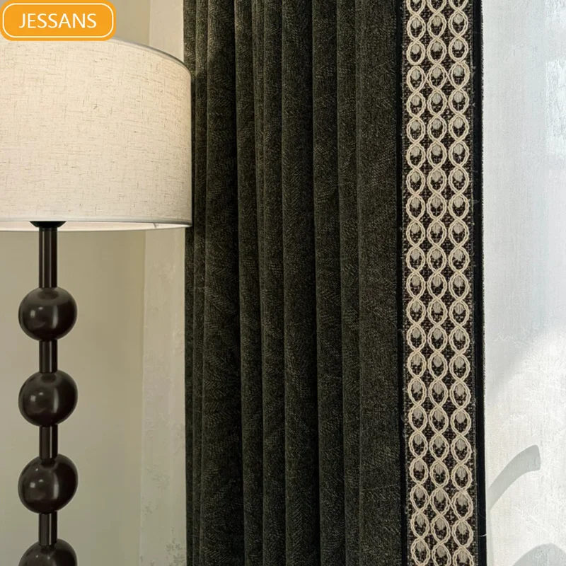 

Dark Green Retro Cashmere Chenille Blackout Curtains for Living Room Bedroom French Window Customized Finished Products