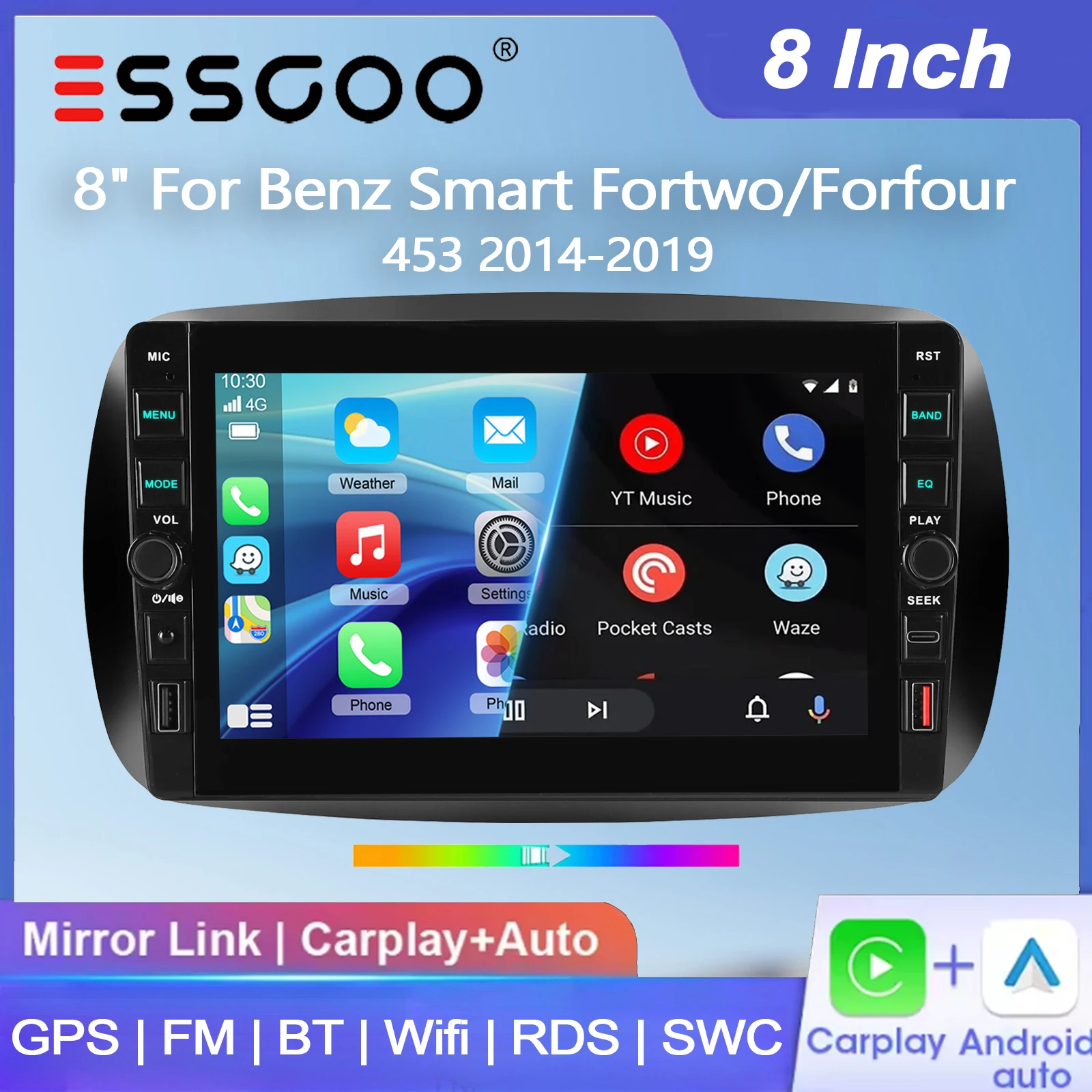 ESSGOO 8' 4+64G Android 15 Autoradio für Mercedes Benz Smart Fortwo Forfour 453 2014-2019, kabelloses Carplay, Android Auto, GPS-Navigation, USB Typ-C, FM, Bluetooth, WiFi, RDS, ASP, Mirror Link, SWC,