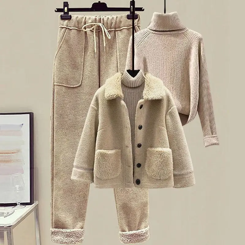 2023 Winter Lamb Plush Fur Integrated Pellet Fleece Coat Sweater Casual Pants Three Piece Elegant Women\'s Pants Set