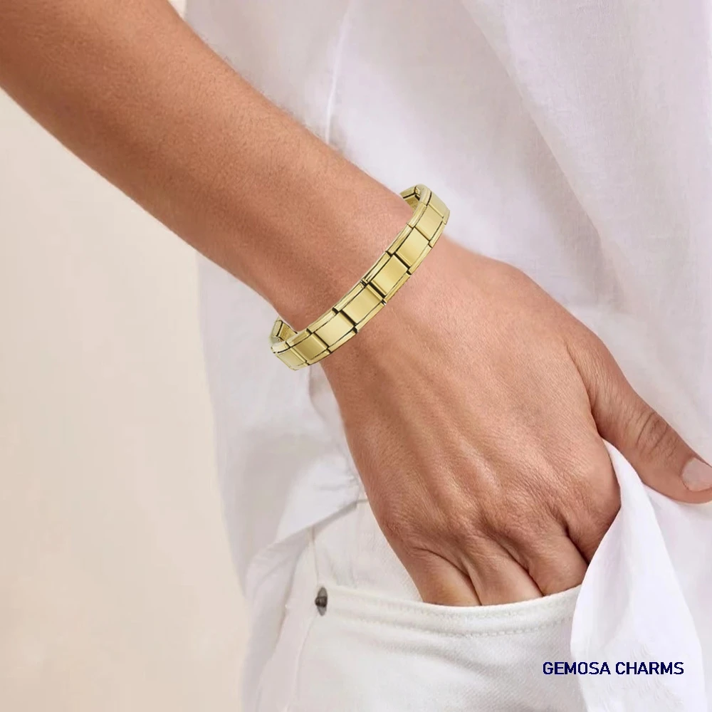 GEMOSA Fashion Men Women Gold Color Italian Charm Link Stainless Steel Bracelet Width 9mm Bangle for Male Female Jewelry Gifts
