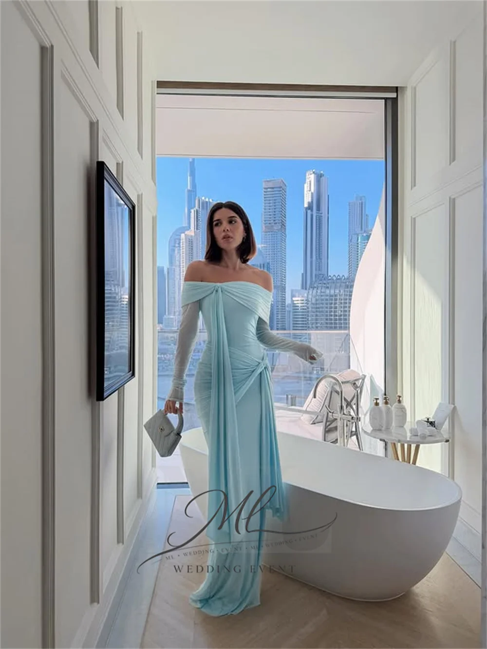 

ML Elegant Light Blue Fashion Trend Maxi Off Shoulder Knot Detail Original Fabric Chiffon Slim Fitting Evening Prom Party Dress