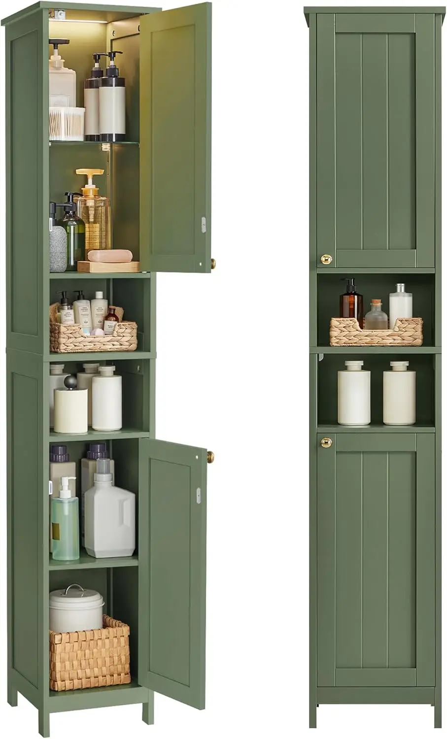 

Slim Freestanding Cabinet with Lights, Adjustable Shelves for Small Spaces, Modern Forest Green Storage
