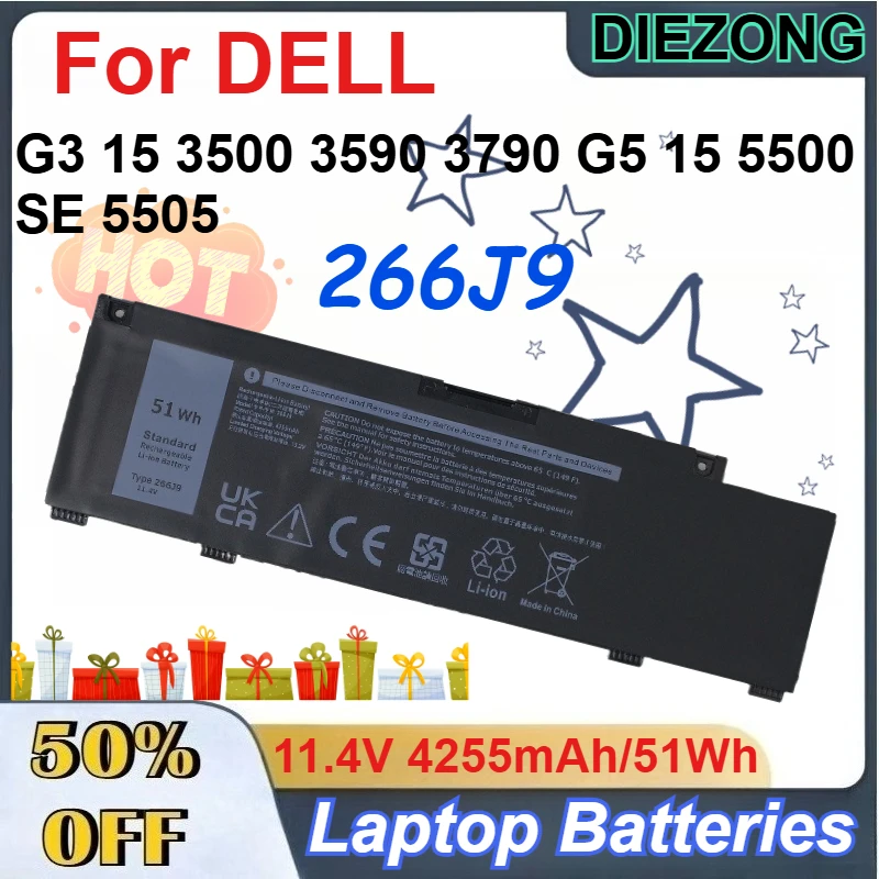 

11.4V 4255mAh/51Wh 266J9 Rechargeable Lithium-ion Battery for DELL G3 15 3500 3590 3790 G5 15 5500 SE 5505 Laptop Batteries