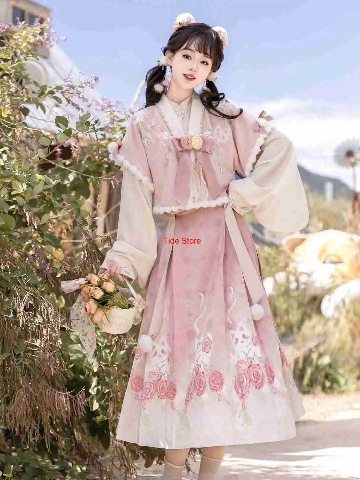 

Rose Meow Cat Improved Hanfu Women's Daily Chinese Style Han Element Coat Top Mamian Skirt Set Han Element Lolita Dress