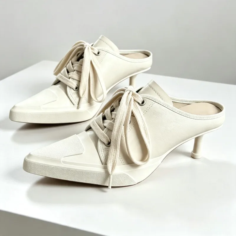 Fashion Leather Lace-Up Sporty Style High Heels for ladies Sexy Pointed Toe Mule Sandals Comfortable Casual Shoes Tacones Mujer