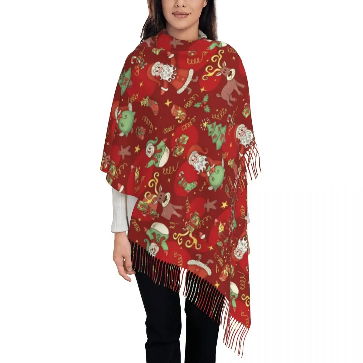 Christmas Santa Claus Scarf for Womens Winter Cashmere Shawls and Wrap Snowman Reindeer Single-sided Pattern Scarves with Tassel