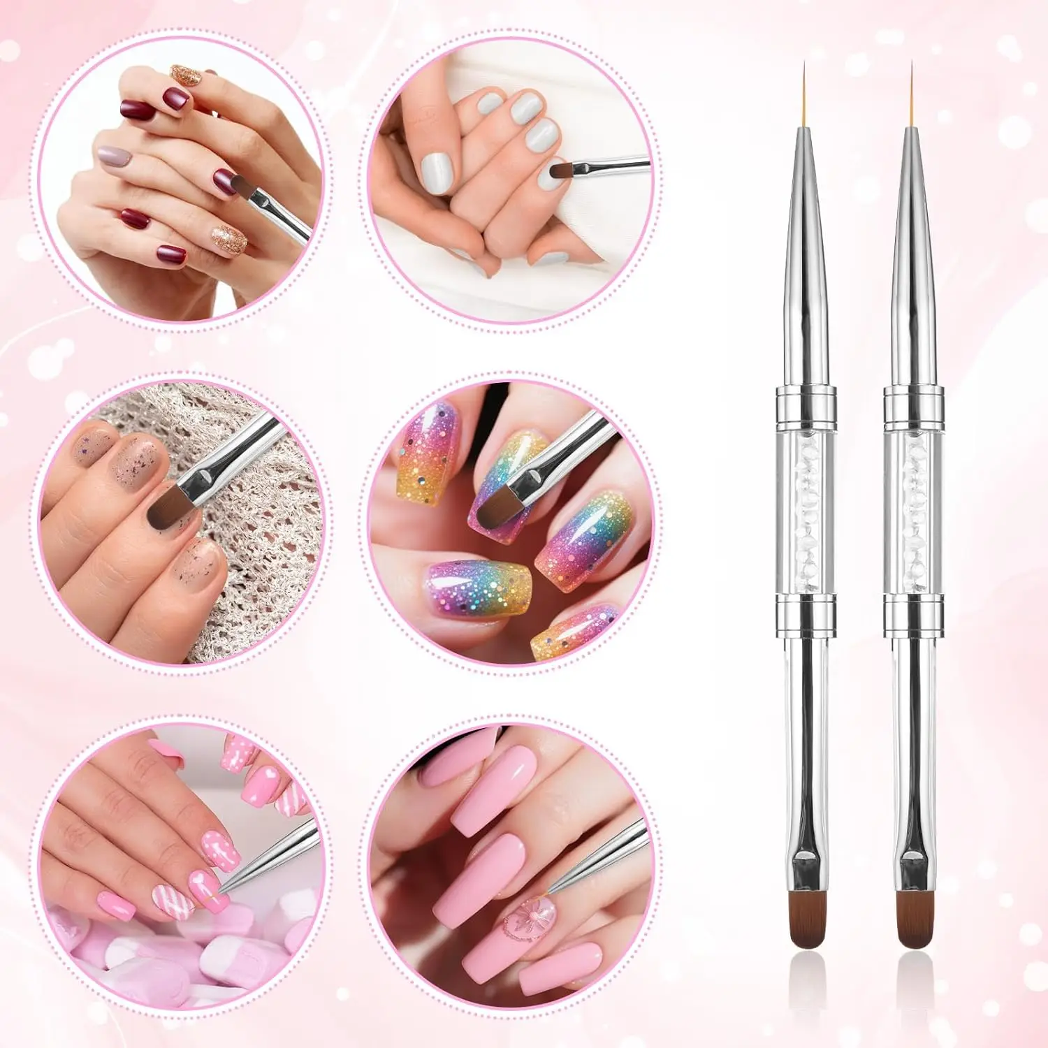 Neue doppelseitige Nagelkunstpinsel: Ovaler Gel-Nagelpinsel mit Strassgriff für French-Designs und Nagelwerkzeuge – Detail 3