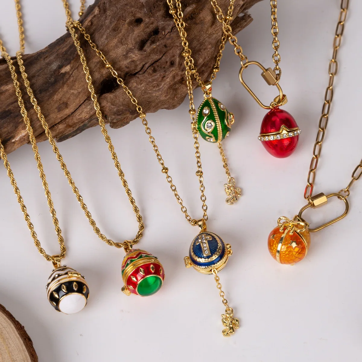 Enamel Faberge Easter Egg Pendant Necklace Jewelry Locket Brass Vintage Crystal Angel Inside holiday Gift Christmas Present