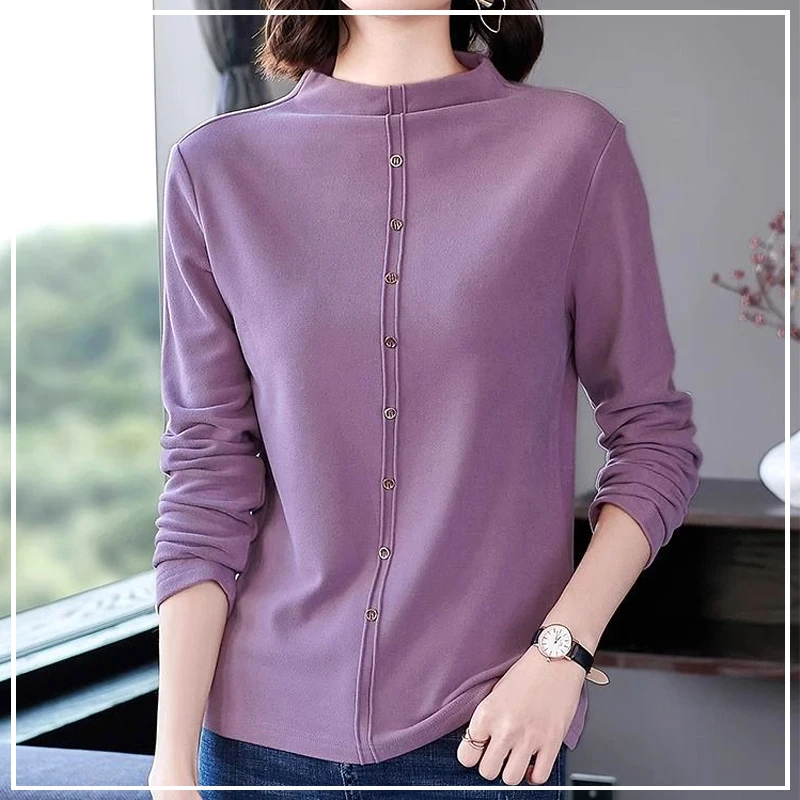 

Simplicity Commute Purple Loose Show Off Weight Button Montage Long Sleeves Bottom Layer Shirt Women's Top Autumn Winter 2024