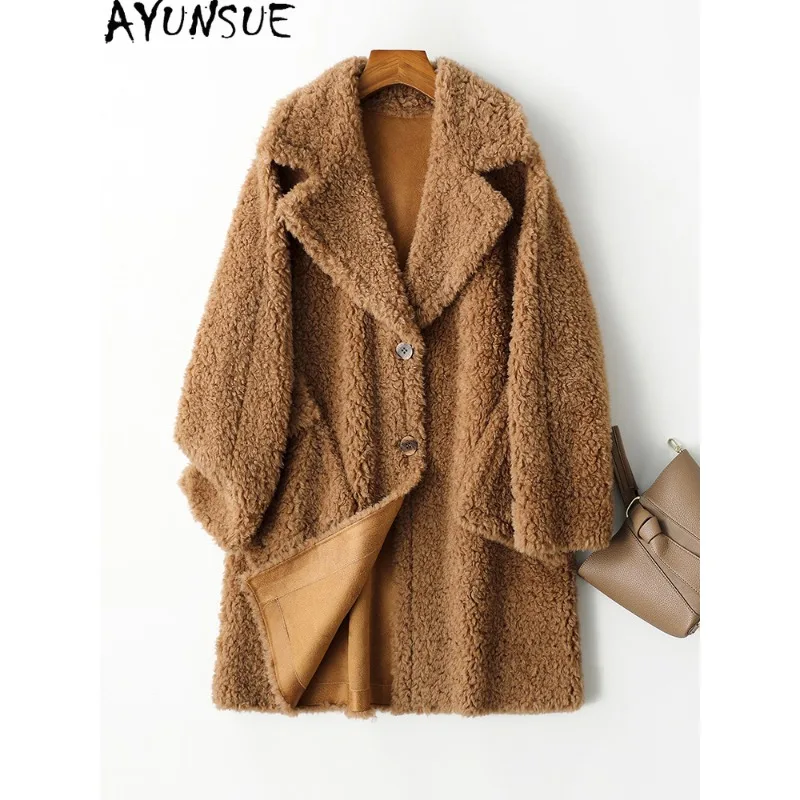 AYUNSUE 100%天然ウールコート 女性用 2025年 女性用冬コート ミドル丈ラムウールコート 女性用衣料 女性用服