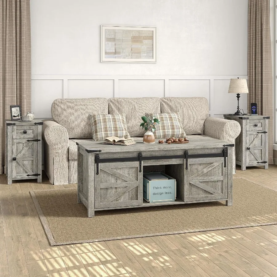 Farmhouse living room coffee table set: 3 pcs, wood finish, walnut brown, includes charging station, drawer storage, and 47.3''