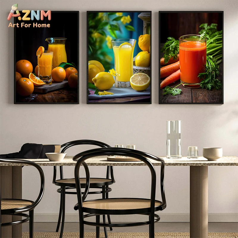AZNM Fresh Fruit Vegetable Juice Photography Canvas Wall Art, Realistic Orange Lemon Carrot Juice Print, Frameless Healthy Drink