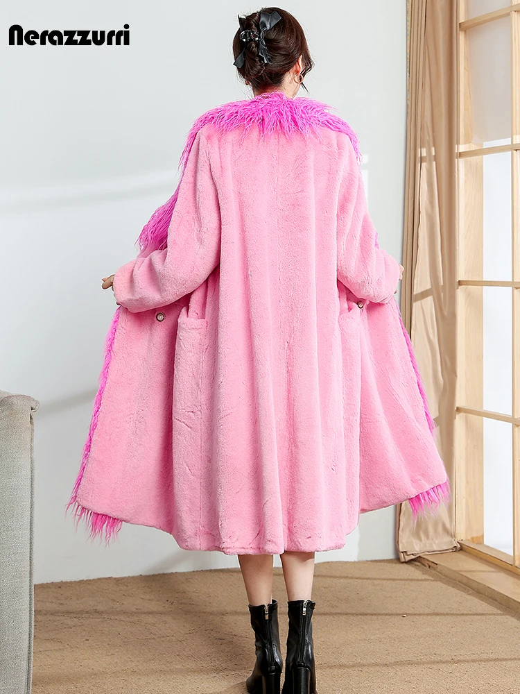 Nerazzurri Winter Long Luxury Elegant Chic Fluffy Warm Thick Patchwork Faux Fur Coat Women with Fake Mongolian Fur Collar 2023