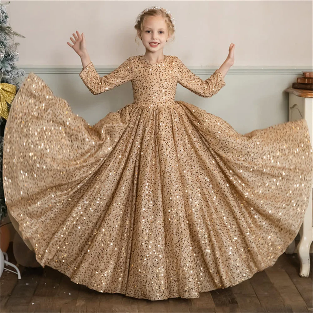 Champagne Flower Girl Dress For Wedding Sequins Shining Full Sleeves Puffy Birthday Pageant Princess First Communion Ball Gowns