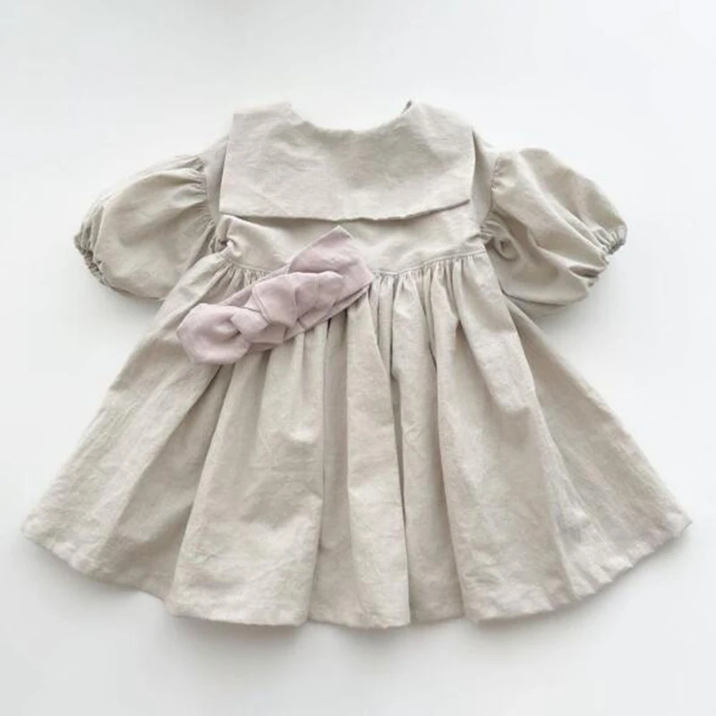 Kids Clothes Girls Dresses Spring Summer Puff Sleeve Sailor Collar Dress for Babies Solid Cotton Linen Young Children\'s Clothing