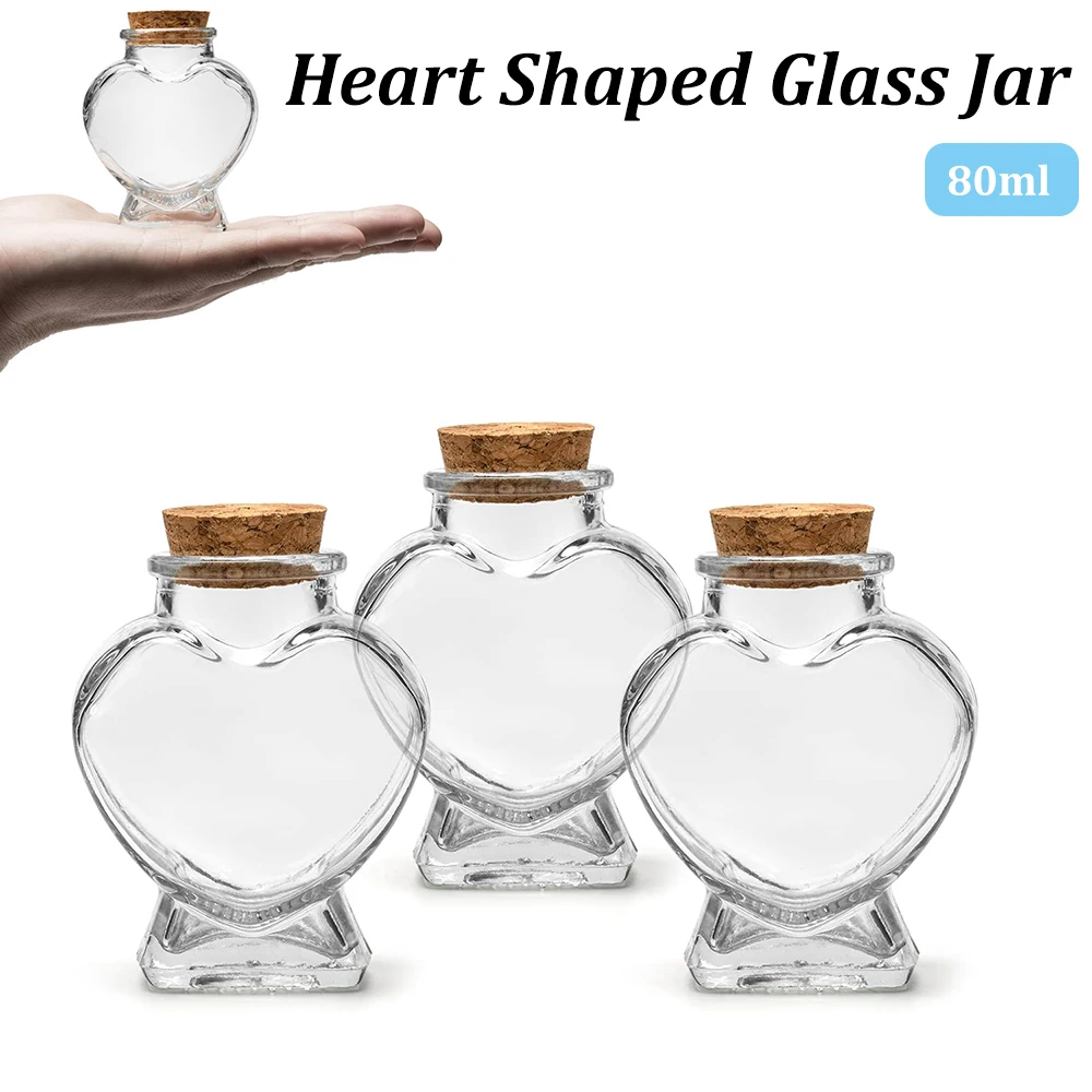 Heart-Shaped Empty Mini Glass Bottles with Cork Stoppers 80ml Cute Container Small Glass Bottles for DIY Art Crafts Supplies