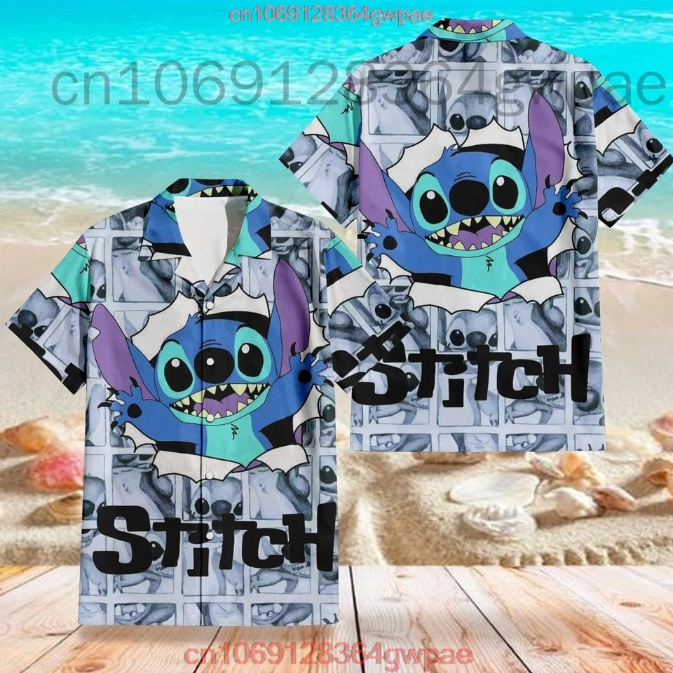 Masculino e feminino disney stitch camisas havaianas, manga curta, casual para praia, moda festa, moda verão