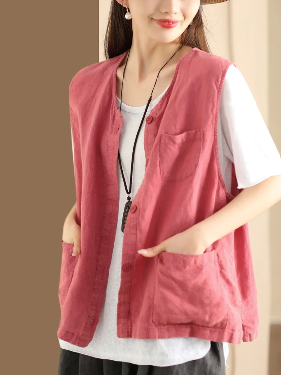 

Retro Waed Linen Svel Vest Loose Casual Outerwear Commute Sle Regular Length Outerwear Top for Women