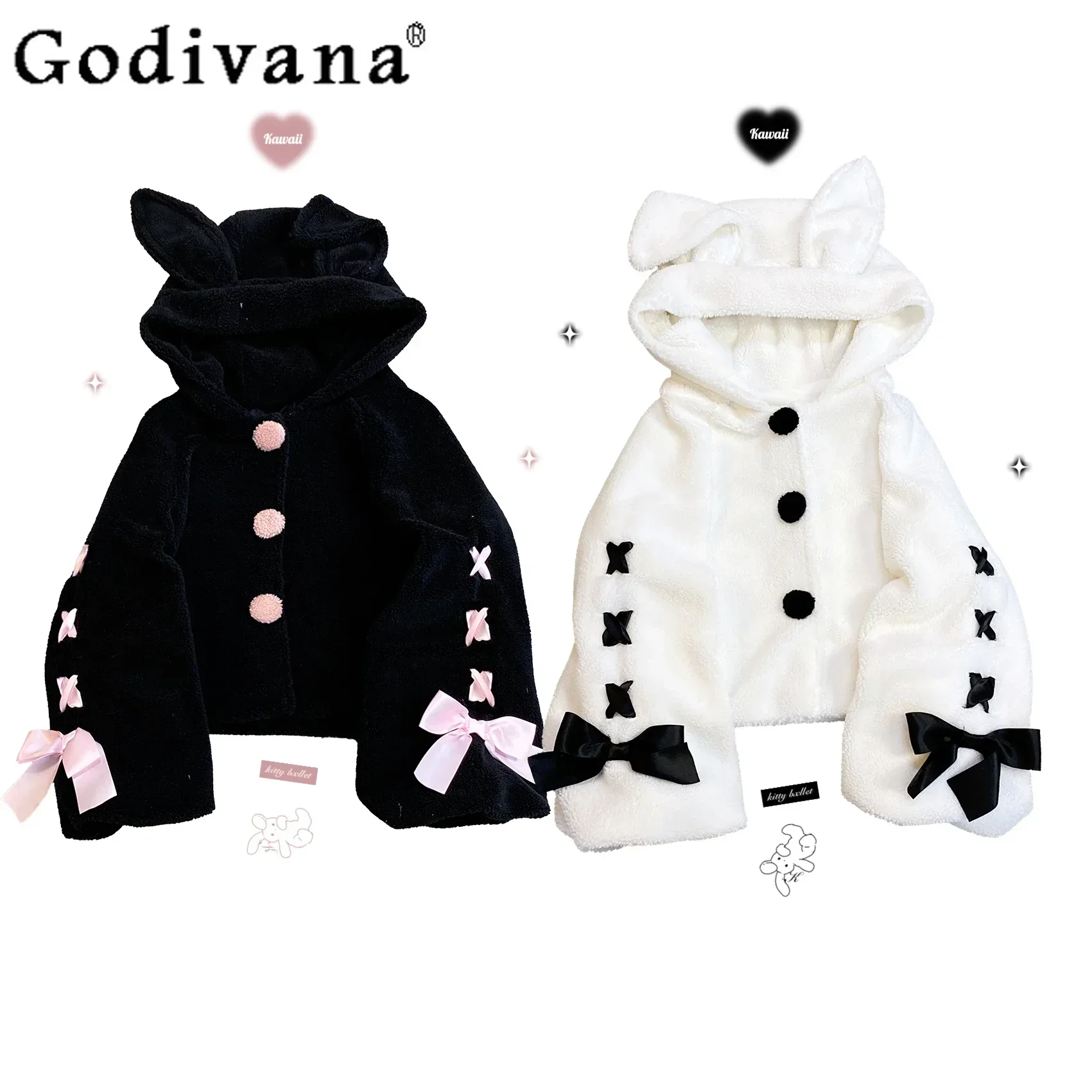 

Japanese Sweet Kawaii Furry Jacket Womens Autumn Winter New Fashion Loose Rabbit Ear Woolen Coat Student Kawaii Faux Fur Coats