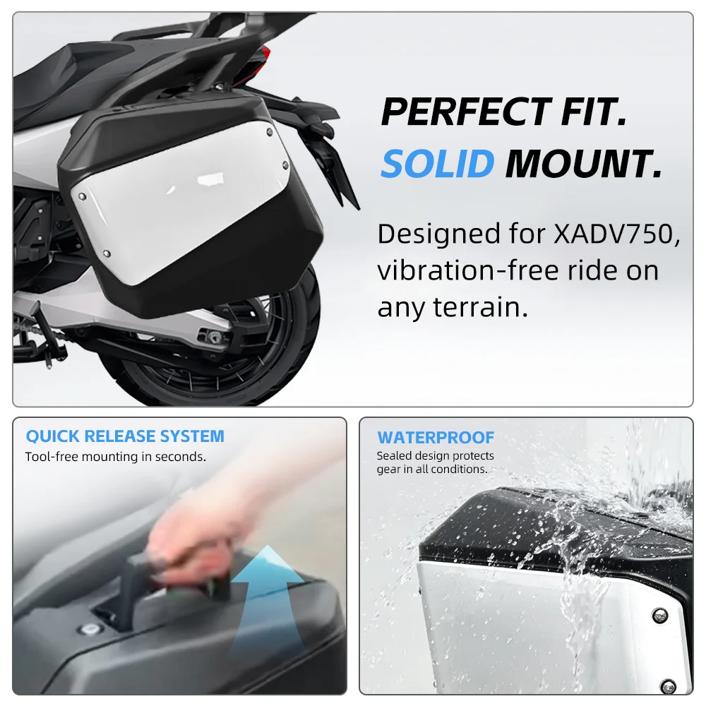 Side cases for Honda XADV750 2022-2026 left 33L, right 26L. Lock works with original motorcycle keys, secure and convenient.