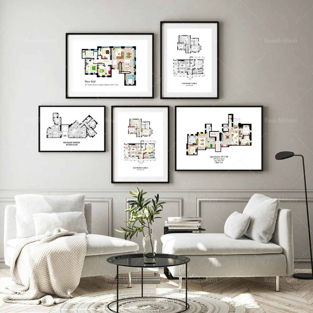 Friends tv show central park floor plan, whole house sitcom tv show, famous tv show floor plan, modern art poster for home