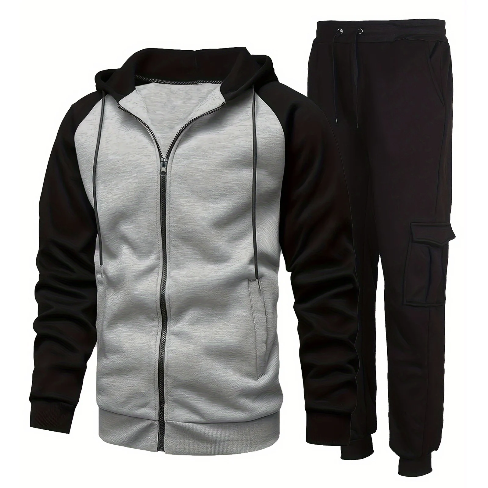 Men's Cozy Casual Wear Set - Soft Polyester Blend、Long Sleeve Zip Hoodie、Comfortable Cargo Pants、Versatile Outfit for Daily Life